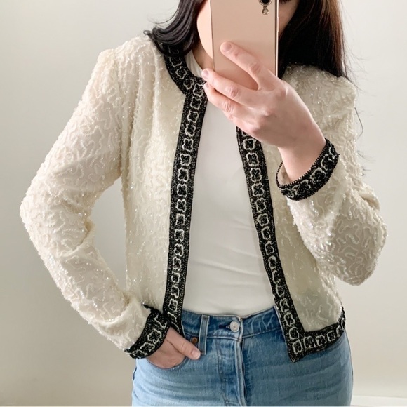 Vintage Ivory Black Sequined Beaded Embroidered Silk Dress Blazer Jacker Small - Picture 2 of 11